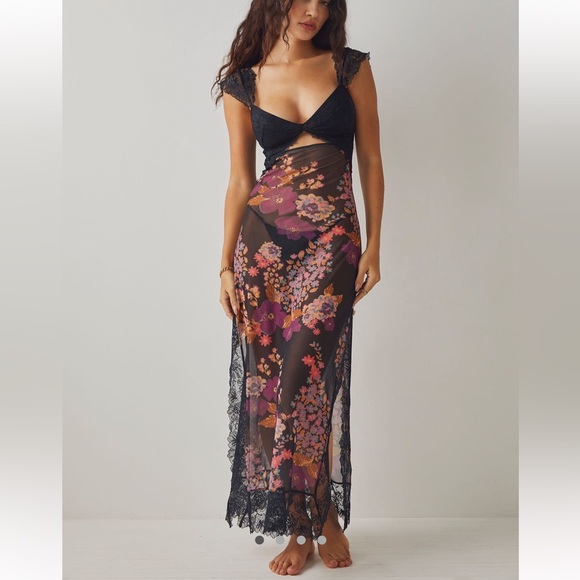 Free People Intimately Suddenly Fine Lacey Cut Out Floral Sheer Maxi Slip Dress - Picture 2 of 4